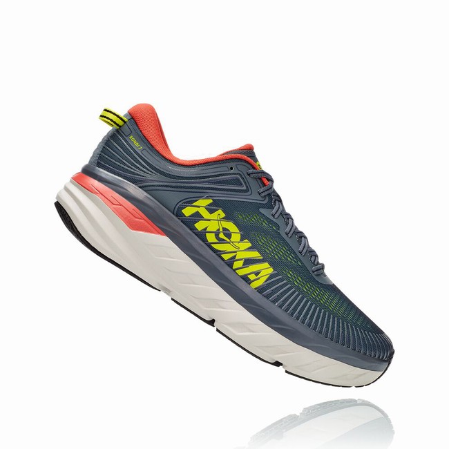 Hoka One One BONDI 7 Men's Road Running Shoes Grey / Green | US-34422